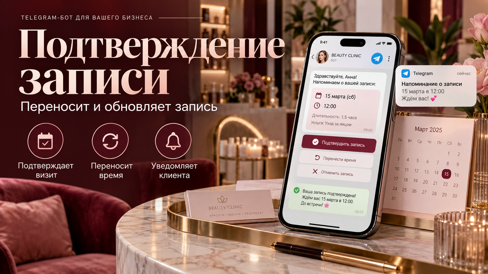 Создам Telegram-бота для подтверждения и переноса записи