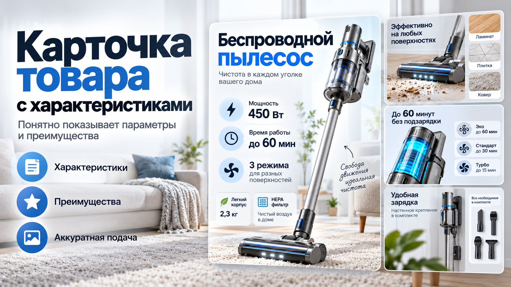 Создам карточку товара с характеристиками и преимуществами