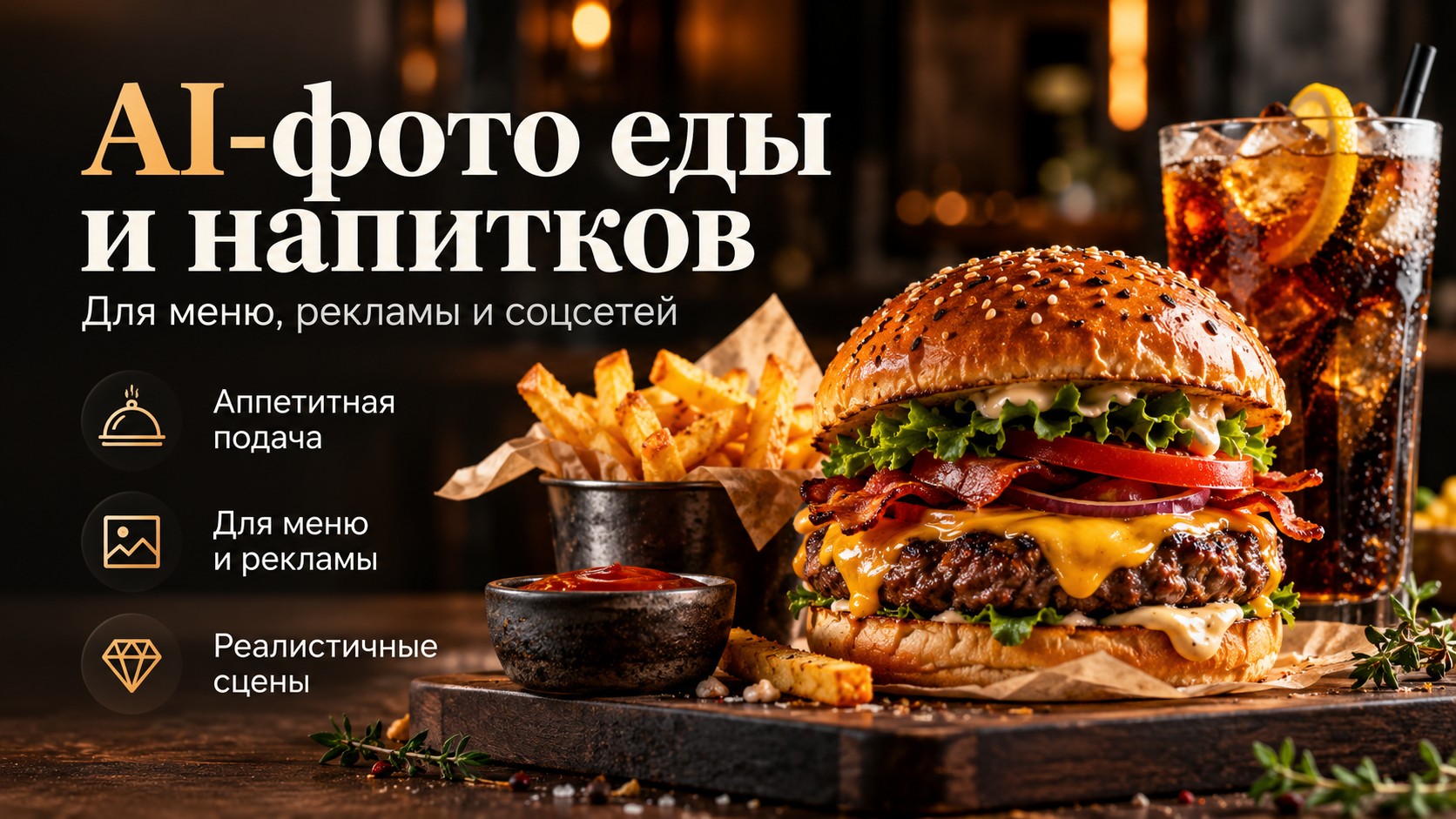 Создам AI-фото еды и напитков для меню и рекламы